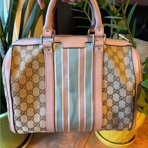 Gucci Beige GG Canvas Satchel with Pink Trim and Blue-Pink Stripe